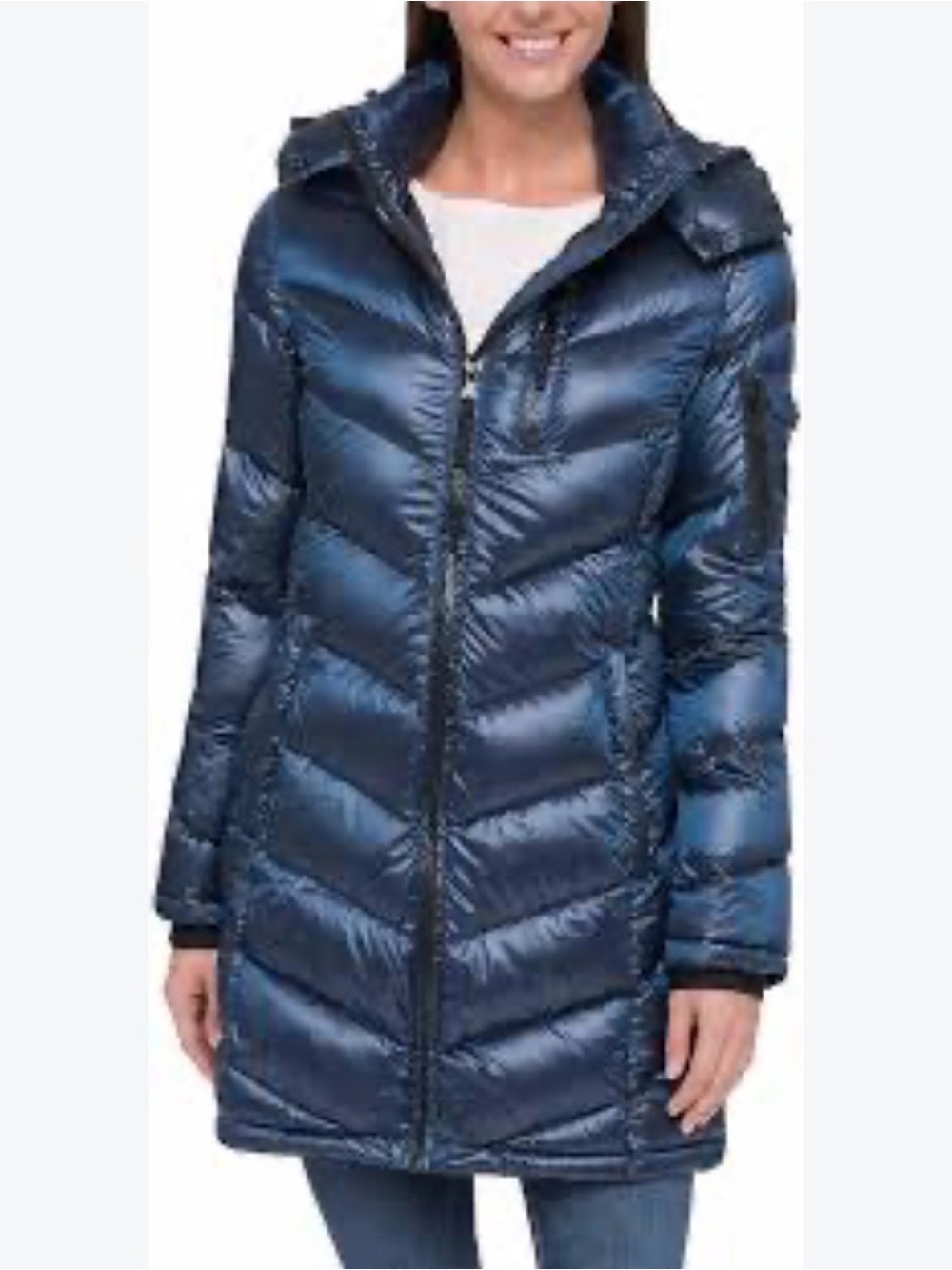 Andrew Marc Navy Quilted Puffer Coat with Hood. Small